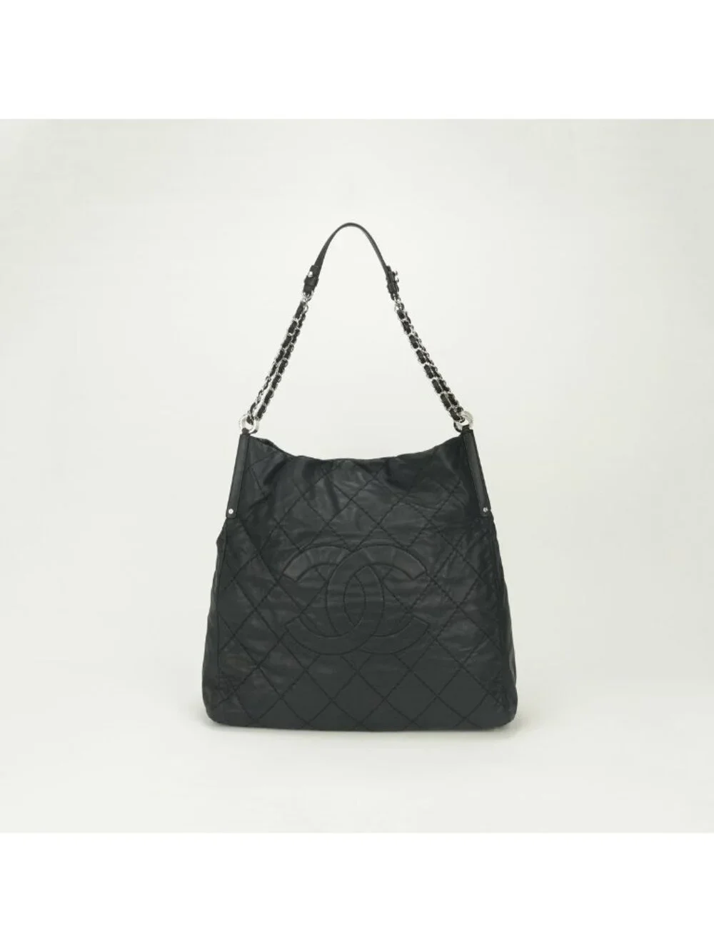 Chanel Quilted Tote Sparkle Leather Black Silver Handbag CC Logo Double Chain